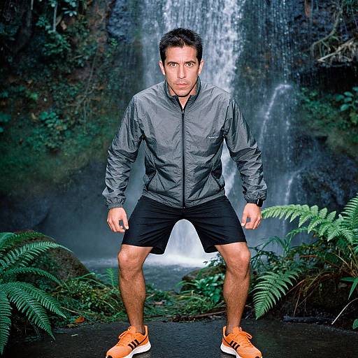 Photograph of a muscular man with short black hair, wearing a gray jacket, black shorts, and orange sneakers, standing confidently in front of a casc