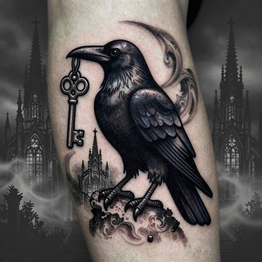 Gothic Raven with Ancient Key Tattoo