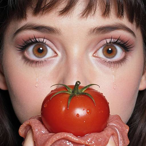 Close-up photograph of a woman with wide brown eyes, tears streaming down, holding a juicy red tomato with pink sausage.