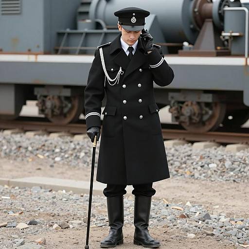Young Man in Black Military-Style Uniform with Cane
