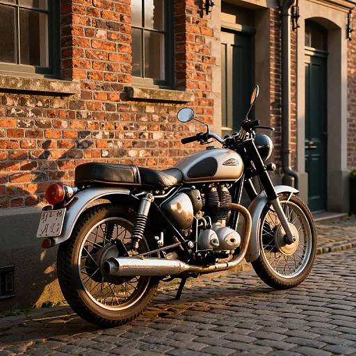 Photograph of a silver vintage motorcycle with black seat, parked on a sunlit cobblestone street against a red brick building.