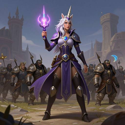 Digital fantasy artwork of a white-haired, horned female warrior in purple armor, holding a glowing purple flame, standing confidently before an army of armored soldiers