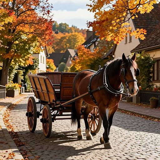 Ardenner Horse Pulling Vintage Wooden Cart in Autumn Village