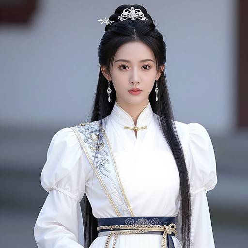 Photograph of a young Asian woman with long black hair, wearing a white traditional Korean hanbok, silver tiara, and dangling earrings, standing