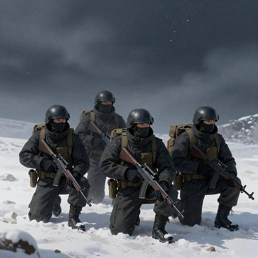 Four Soldiers in Winter Night Patrol