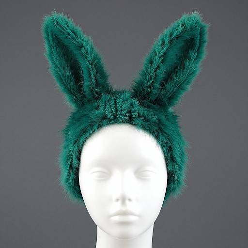 Photograph of a white mannequin head wearing teal, fluffy bunny ear headband against a solid gray background.