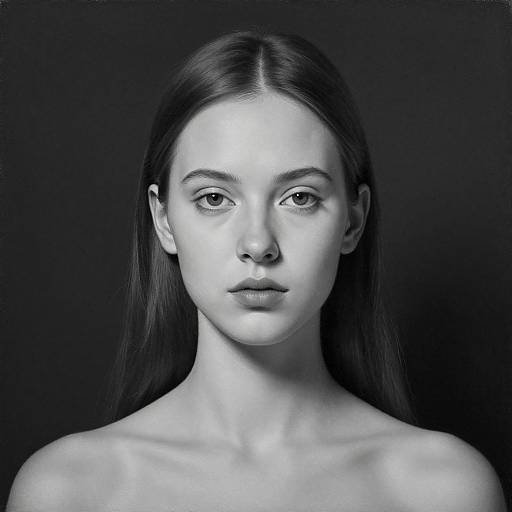 Photograph of a young, fair-skinned woman with long, straight dark hair, blue-tinted, centered against a black background, bare shoulders