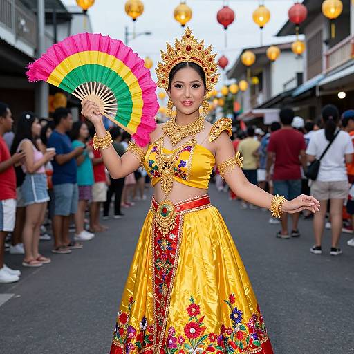 Photograph of an Asian woman in vibrant yellow traditional outfit with intricate red floral embroidery, holding a multicolored fan, standing in a bustling street festival