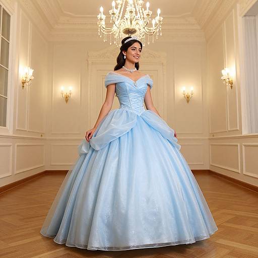 Photograph of a smiling woman in an off-shoulder, light blue satin ball gown with a full skirt, standing in an elegant, white-w