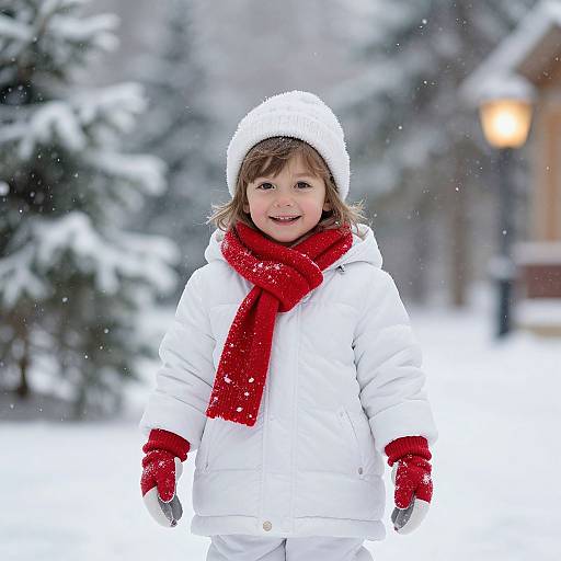 Photograph of a smiling young girl in a white winter coat, red scarf, gloves, and hat, standing in a snowy forest.
