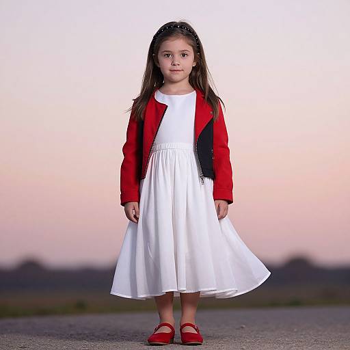 Photograph of a young Latina girl with long brown hair, wearing a white dress, red jacket, and red shoes, standing against a pink sunset background