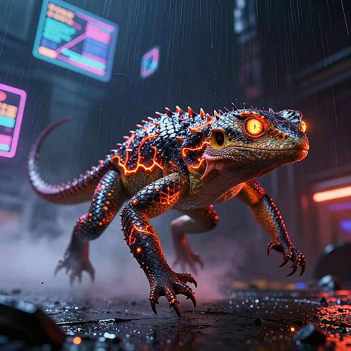 Neon Ember-Lizard in Cyberpunk Rain