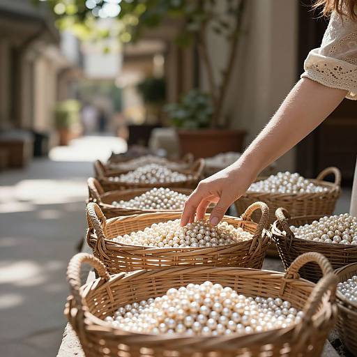 Photograph: Close-up of a woman's hand sorting white pearls in wicker baskets on a sunlit, cobblestone street. Blurred background
