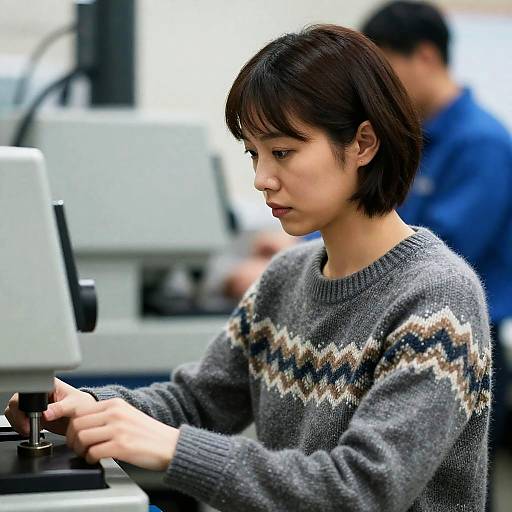 Focused Woman Operating Industrial Machinery