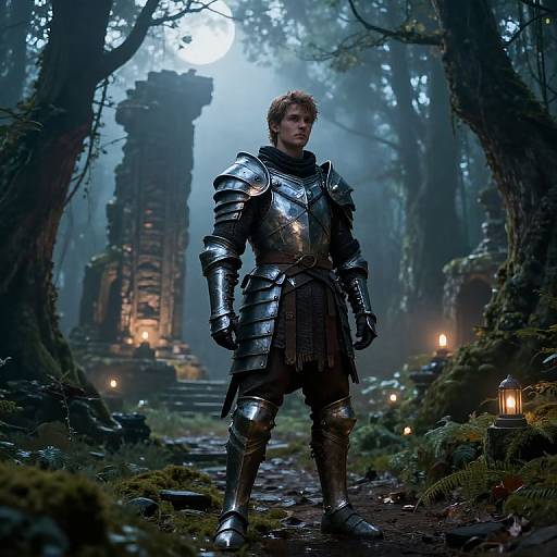 Photorealistic CGI of a young, blonde, armored knight standing in a misty, enchanted forest with ancient ruins and glowing lanterns.