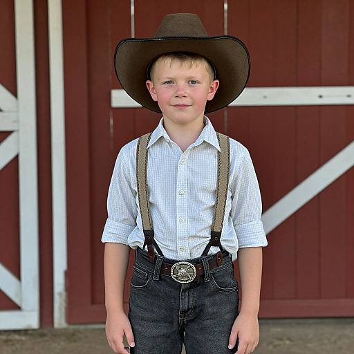 Photograph of a young, fair-skinned boy with blonde hair, wearing a brown cowboy hat, white checkered shirt, and dark jeans with suspend