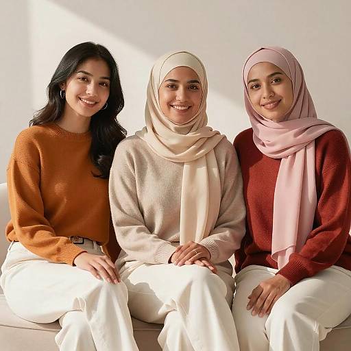 Smiling Women in Colorful Sweaters