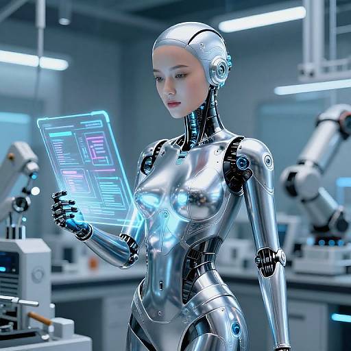 Photorealistic CGI of a silver, female humanoid robot with glowing blue interface, standing in a modern, high-tech lab.