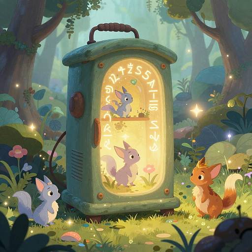 Whimsical digital illustration of a glowing, vintage clock radio in a magical forest, housing three cute, glowing rabbits, with a curious squirrel and white