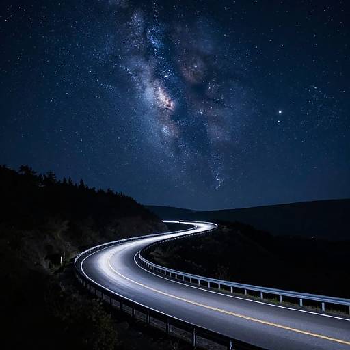 Photograph of a winding road at night, illuminated by light trails, with a stunning Milky Way galaxy visible in the starry sky above.