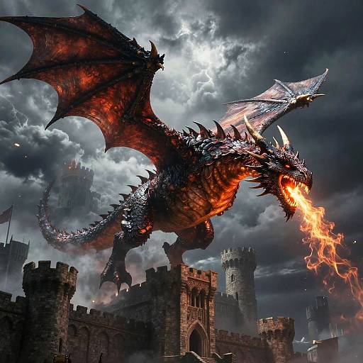 Digital fantasy artwork of a fierce, black-scaled dragon with glowing red-orange breath, soaring over a medieval castle under a stormy sky.