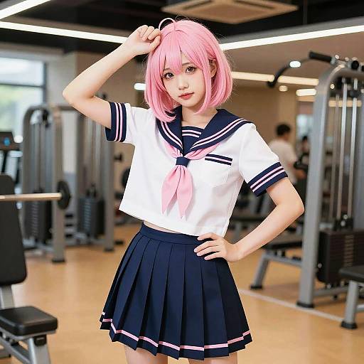 Photorealistic digital anime-style girl in pink bob haircut, sailor school uniform, black skirt, gym background, hand on hip, other hand in hair