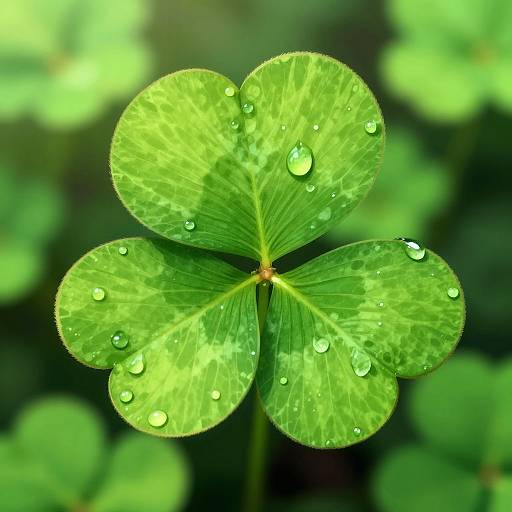 Close-up photograph of a vibrant green four-leaf clover with water droplets on each leaf, set against a blurred green background.