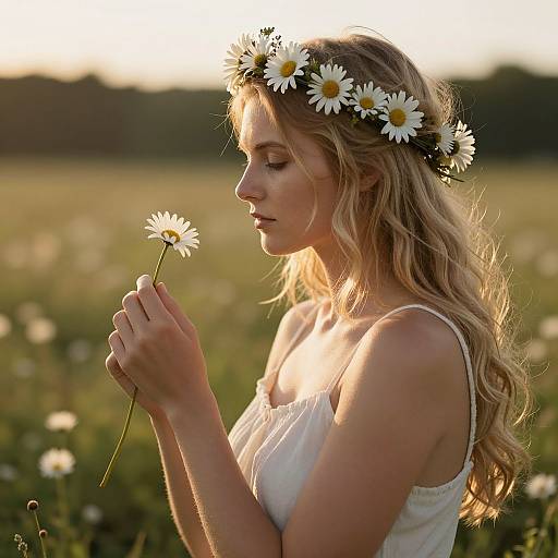 Photograph of a blonde woman with a daisy crown, wearing a white sleeveless dress, holding a daisy, in a sunlit meadow