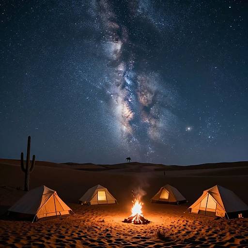 Photograph of a starry night sky over a desert campsite with five glowing tents, a campfire, and cacti under the Milky Way