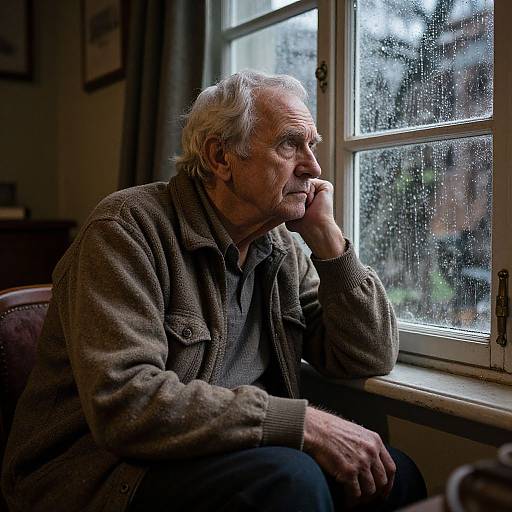 Photograph of an elderly man with white hair, wearing a brown cardigan and gray shirt, gazing thoughtfully out a rain-streaked window