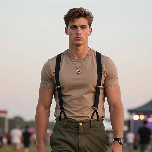 Young man in tan t-shirt and suspenders outdoors