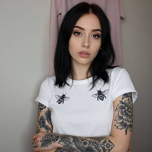 Young Woman with Bee and Floral Tattoos
