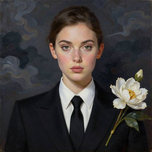 Classical portrait of a young woman with fair skin, brown hair, and green eyes, wearing a black suit and tie, holding a white peony