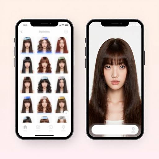 Photograph of two smartphones: left shows grid of eight diverse women's faces, right displays close-up of an Asian woman with long black hair.