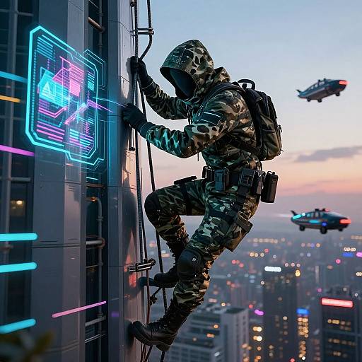 Photograph of a camo-clad soldier in a hood, climbing a neon-lit skyscraper at dusk, with helicopters and city lights in the