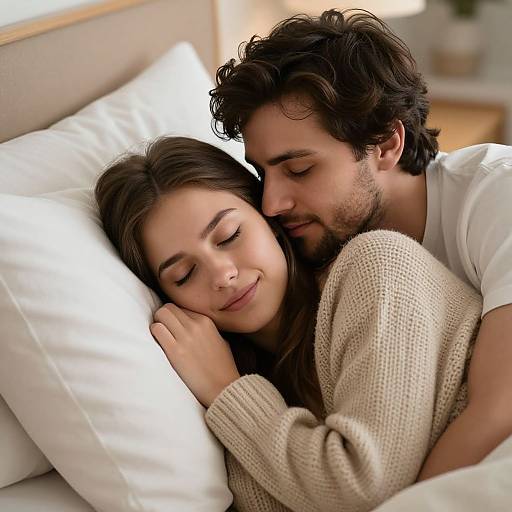 Photograph of a young couple with light skin, dark hair, and brown eyes, cuddling in bed with white pillows and beige knit sweaters,