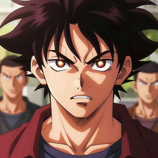 Digital anime-style portrait of a determined, dark-haired young man with intense brown eyes, wearing a red jacket; blurred background shows two similar males.
