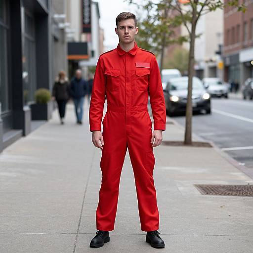 Photograph of a young man standing on a city sidewalk in a bright red, long-sleeve jumpsuit, black shoes, with a serious expression
