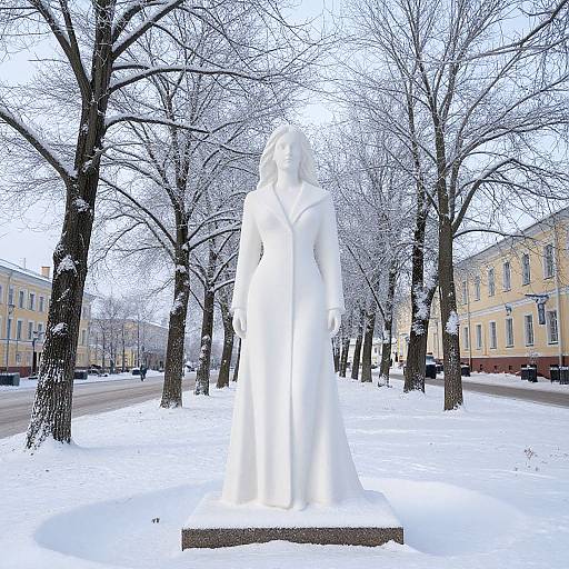Photograph of a white, hooded statue standing in a snowy park with bare trees and yellow buildings in the background.