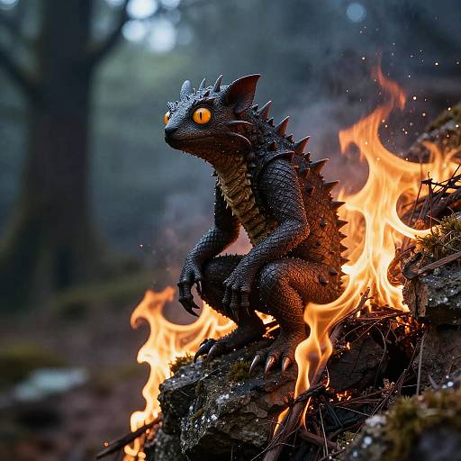 Photorealistic CGI: Glowing-eyed, black-scaled dragon statue surrounded by bright orange flames, standing on moss-covered logs in a dark, mist