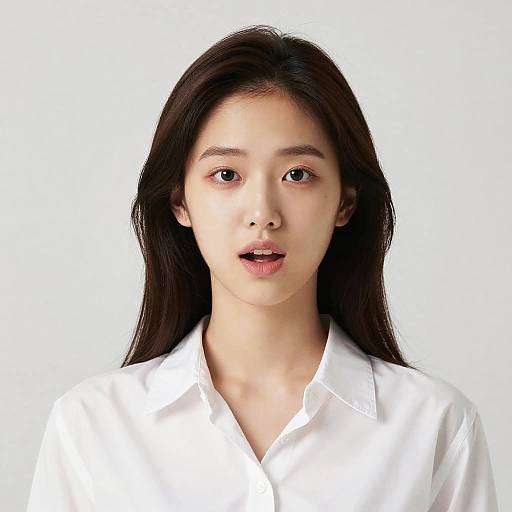 Photograph of an Asian woman with long dark hair, light skin, and brown eyes, wearing a white button-down shirt, against a plain white background