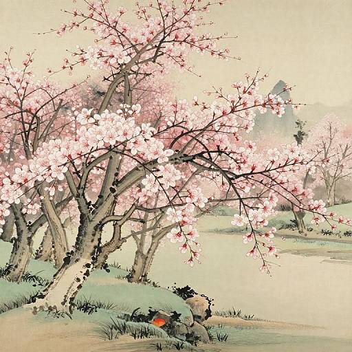 Digital painting of cherry blossom trees with pink flowers, dark branches, and grassy ground, featuring a small, colorful bird in the lower right. Soft