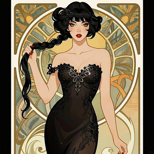 Elegant Woman Illustration in Art Nouveau and Noir Style
