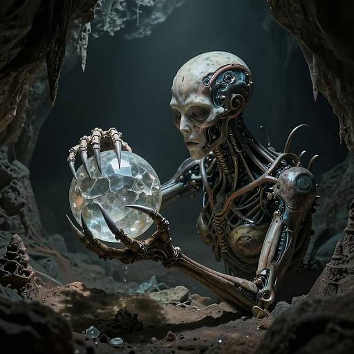 Digital artwork of a cybernetic skeleton holding a glowing, transparent orb in a dark, cavernous environment with jagged rocks.