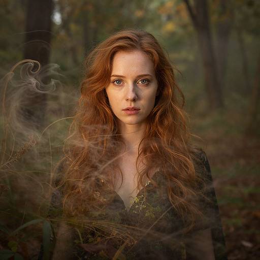 Photograph of a fair-skinned, red-haired woman with wavy hair and intense gaze, standing in a misty forest, surrounded by swirling fog