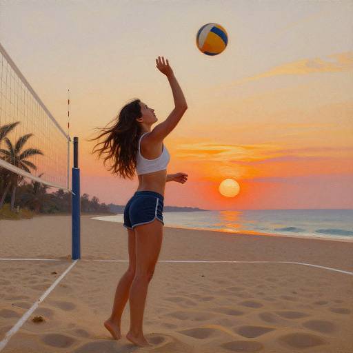 Photograph of a fit, brown-haired woman in a white sports bra and blue shorts, playing beach volleyball at sunset, with palm trees and ocean in