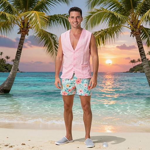 Photograph of a smiling, short-haired man in a pink sleeveless shirt and floral shorts standing on a beach at sunset, with palm trees and turquoise