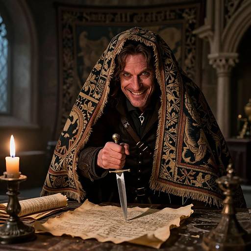 Seasoned Rogue in Dim Medieval Hall