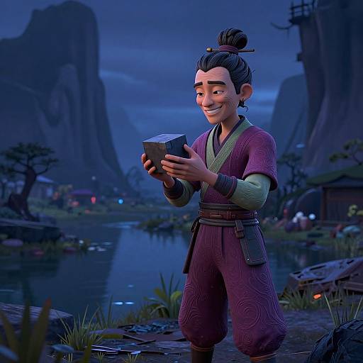 Digital illustration of a smiling East Asian man in traditional purple kimono, holding a box, standing by a serene mountain river at night.