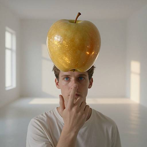 Photograph of a young man with blue eyes, short brown hair, and white shirt, holding finger to lips with a giant yellow apple balanced on his